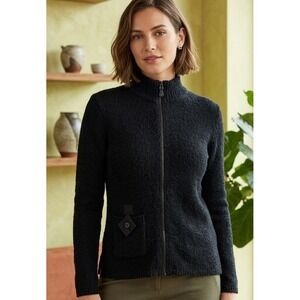 Kindred Spirit Cardigan Sweater Womens XS Black Linen Silk Zip Front Knit Pocket